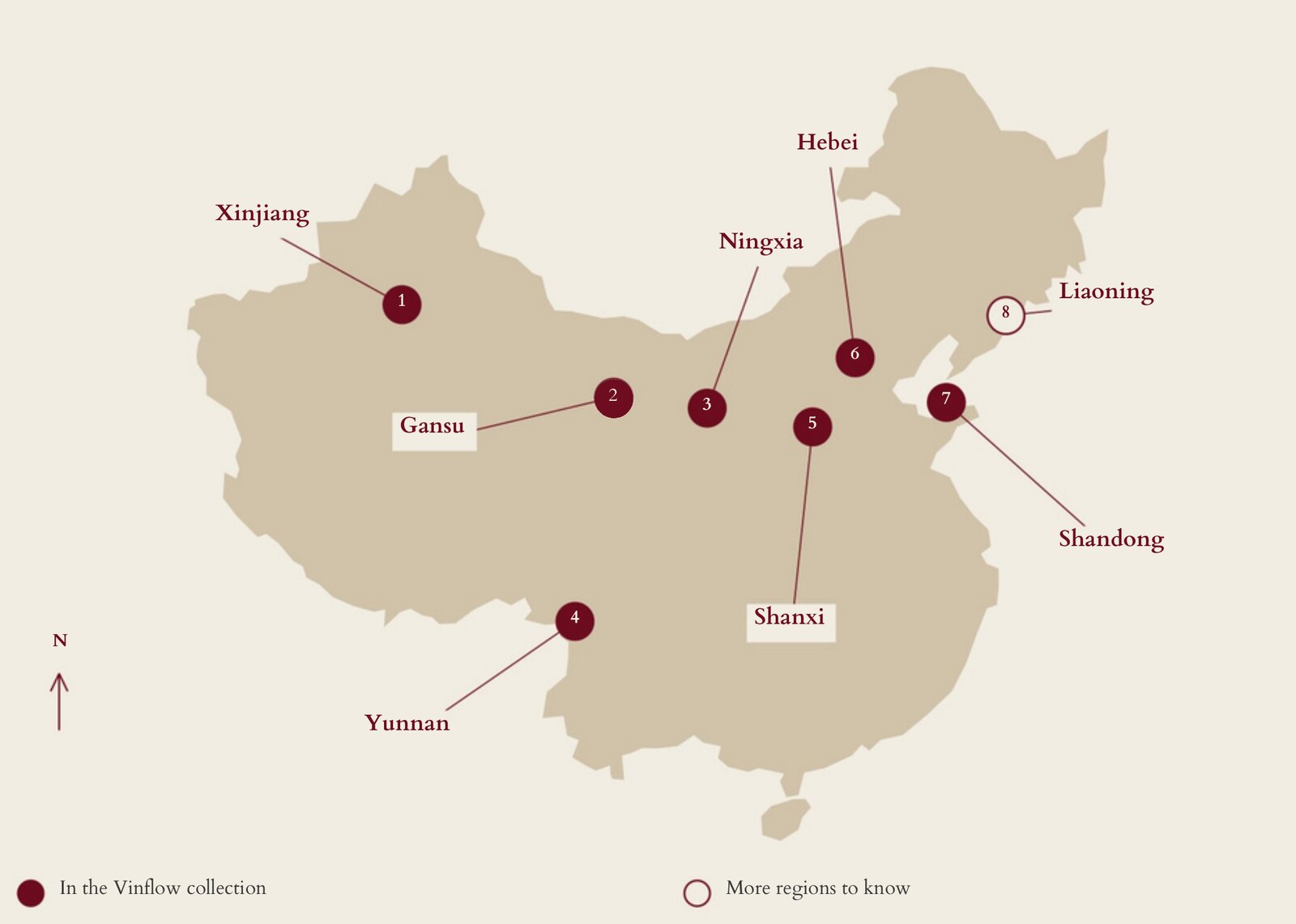 Map of China marking the seven Chinese wine regions in the Vinflow collection: Xinjiang, Gansu, Ningxia, Yunnan, Shanxi, Hebei and Shandong, plus Liaoning
