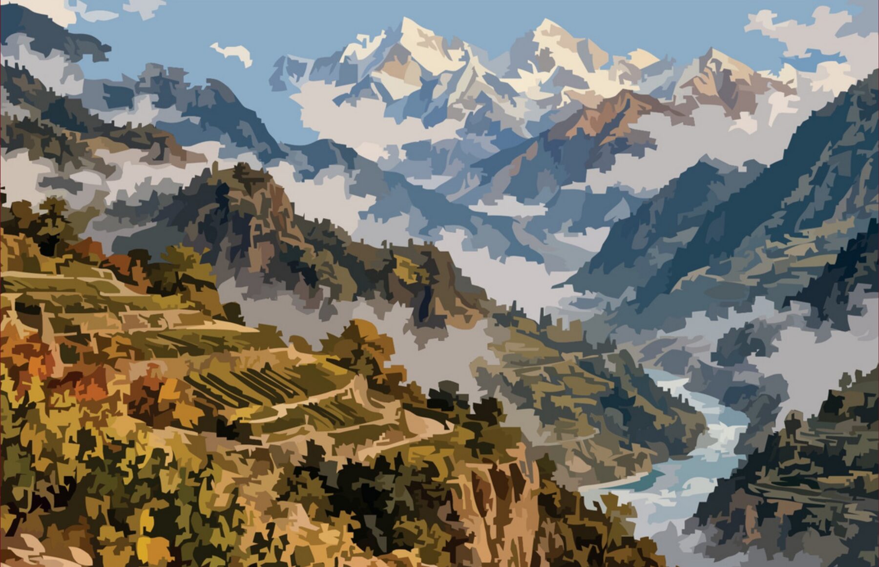 Illustration of terraced vineyards beneath snow-capped mountains, from The Chinese Wine Edit at Vinflow
