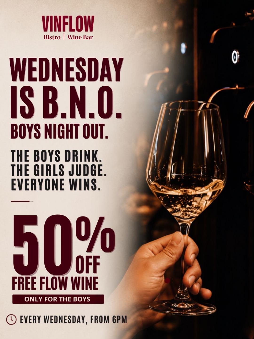 Vinflow Wednesday Boys' Night Out — 50% off free-flow wine, every Wednesday from 6 pm